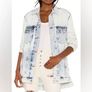 Free People We the Free Destroyed Long & Lean Denim Trucker Jacket Size XS EUC